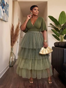 Slaydiva Spring/Autumn New Style Elegant Luxurious Party, Wedding Season, Graduation Season, Cocktail Party, Birthday Party, Date, Ball And Other Occasions Loose Fit Color-Block Green Multi-Layer Sheer Mesh Exaggerated Ruffle Patchwork Women's Plus Size Extra Long Skirt-A - Multicolor - View 4