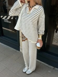 DAZY Women's Striped Colorblock Long Sleeve Top And Pants Knit 2 Pieces Set - Beige - View 4