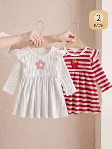 SHEIN Playful Pals Baby Girl 2pcs Red & White Ribbed Strawberry Patch & White Flower Patch Flutter Sleeve Knitted Jacquard Fuzzy Ribbed Autumn/Winter Dress - Red and White - View 8