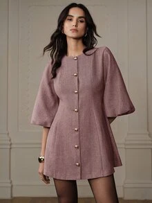 BELROSIE 女款 A 字修身收腰粗花呢洋裝，金色圓鈕扣、燈籠袖、圓領，優雅復古灰粉色人字紋秋季服飾，聖誕穿搭 - 紫色 - 查看 5