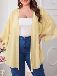 SHEIN CURVE+ Plus Size Basic Swimwear With Solid Color Transparent Mesh Fabric - Light Yellow - View 4