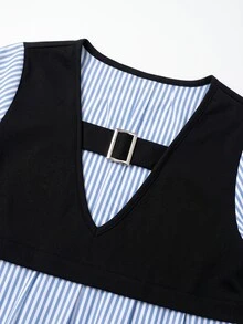 Grovea Plus Size Fashion Faux Two Pieces Striped Patchwork Short Sleeve Metal Button Casual Shirt - Multicolor - View 3
