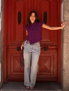 Nöista Atasan Lengan Pendek Asimetris Motif Geometris. Musim Panas, Gugur, Gaya Kasual Chic, Jalan-jalan, Pesta. - Purple - View 10
