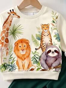 兒童嬰幼兒圓領休閒套頭運動衫，經典可愛手繪卡通動物印花，長頸鹿、獅子、豹、猴子圖案印花 - 彩色 - 查看 4