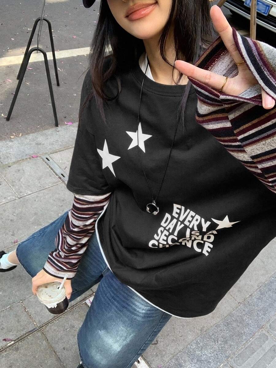 DAZY Women's Round Neck Contrast Color Striped Korean Style Printed Long Sleeve T-Shirt Graphic Tees - Black - View 1