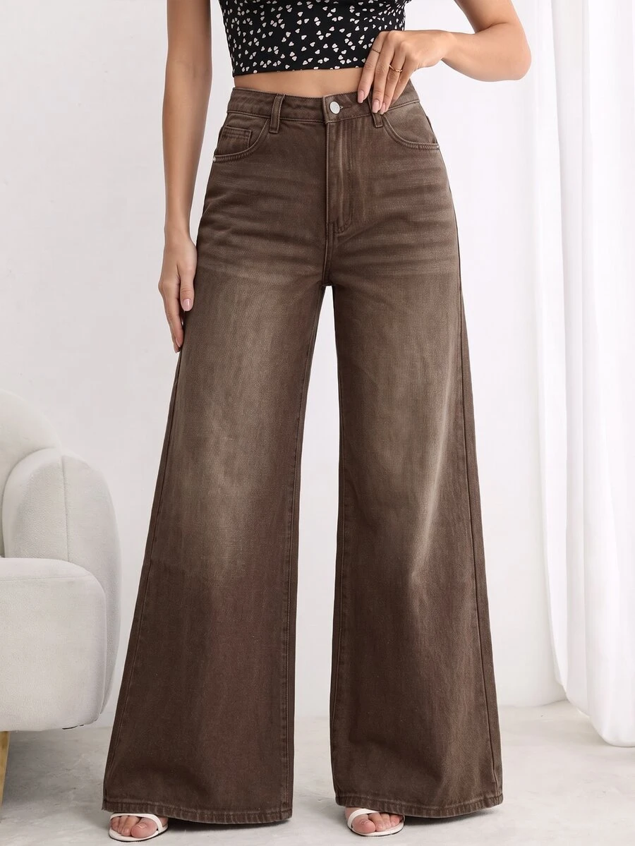 SHEIN PETITE Women's Loose Fit Denim Wide Leg Pants With Pockets And Buttons For Casual Daily Wear - Brown - View 1