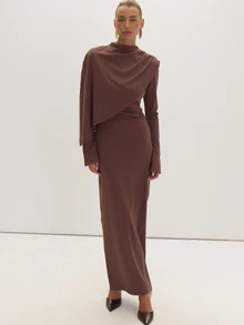 MUSEYN Gaun Maxi Cape Jersey Cokelat, Gaun Kencan Abadi, Musim Gugur Terbaru - Coffee Brown - View 1