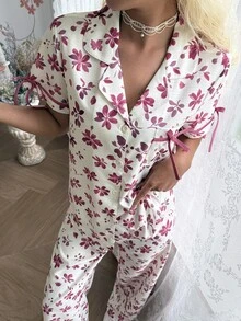 CottageSlumber Women's 100% Cotton Ditsy Floral Lapel Pajama Set, Bowknot Decor Short Sleeve Long Pants 2 Pieces Loungewear - Pink - View 3