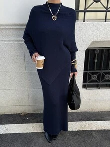 Livesso Women's Autumn Casual Solid Color Batwing Sleeve Sweater & Knitted Skirt 2pcs Set - Navy Blue - View 5