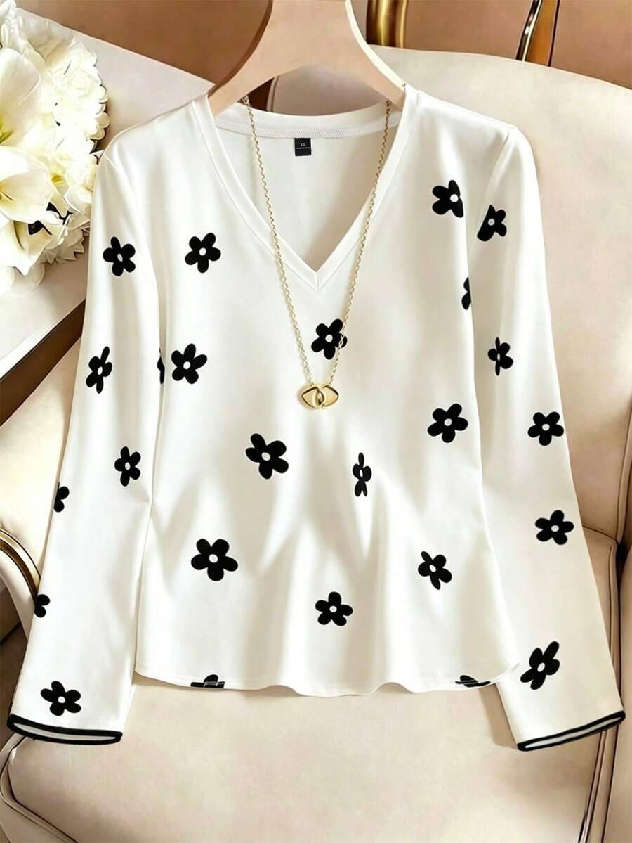 EMERY ROSE Plus Size V-Neck Long Sleeve Stretch Printed T-Shirt Blouses For Women,Black And White,Autumn,Cute,School Flower Tops V Neck Blouse - Multicolor - View 1