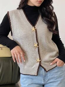 Modelyn Plus Size Shell Embroidery Metal Decor Knitted Vest Cardigan - Khaki - View 5