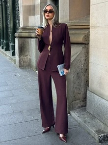 Aloruh Women's Elegant Metal Buckle Long Sleeve Jacket And Pants Suit Set - Burgundy - View 6