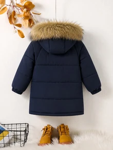 Boys Casual Letter Print Raglan Sleeve Navy Blue Mid-Length Hooded Detachable Fur Collar Thermal Lined Jacket, Winter Tops - Blue - View 2