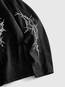 ROMWE MEN Men's Vintage Frog Button Print Long Sleeve Pocket Denim Jacket - Black - View 7