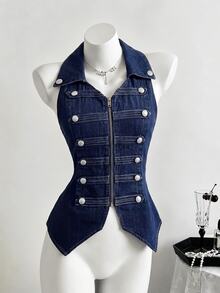Elamini Women's Denim Napoleon Vest Jacket - Blue - View 1