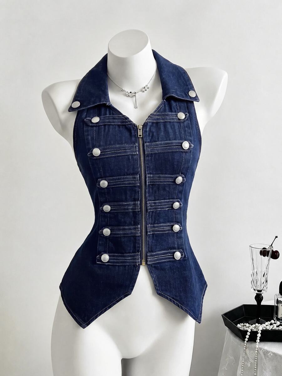 Elamini Women's Denim Napoleon Vest Jacket - Blue - View 1