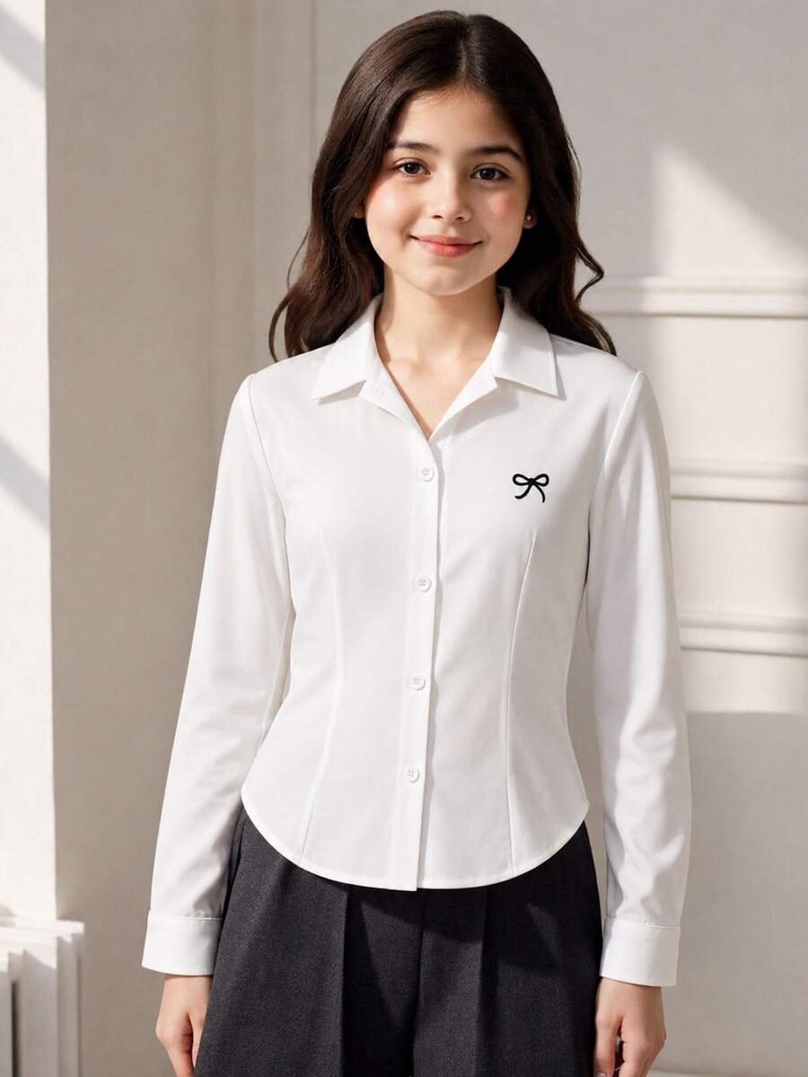 SHEIN 青少年女孩休閒印花鈕扣領長袖修身襯衫,春秋款 - 白色 - 查看 1