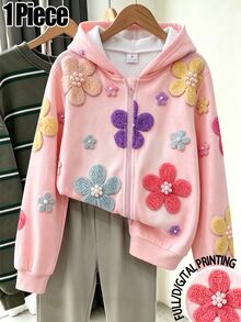 1件少女秋季花卉3D連帽拉鍊運動衫休閒長袖上衣秋冬款 - 彩色 - 查看 3