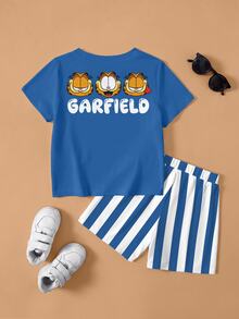 GARFIELD | SHEIN Young Boy Cartoon Print Short Sleeve T-Shirt And Shorts Casual Daily Set - White - View 2