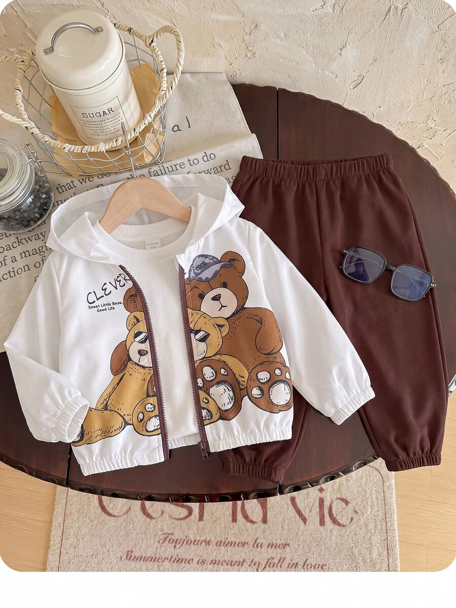 Baby Boy Cartoon Print Hooded Jacket And Jogger Pants Set - Multicolor - View 1