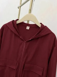 SHEIN 青少年女孩編織純色貼袋短版寬鬆休閒連帽外套，秋冬款，度假風 - 酒紅色 - 查看 11