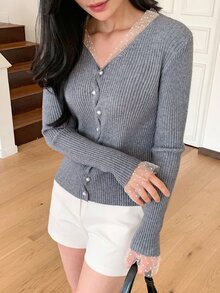 DAZY Women's Exquisite Style Pearl Button Lace Trim Fitted Sweater - Grey - View 8