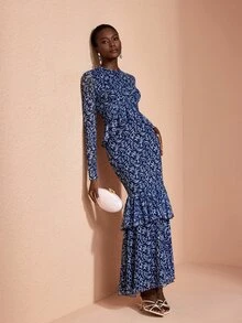 JIAN LASALA Gaun Panjang Elegan dengan Lengan Panjang Berbahan Jala dan Model Bustier Bentuk Hati, Detail Kerut dan Lapisan Ruffle Ganda - Biru - View 6