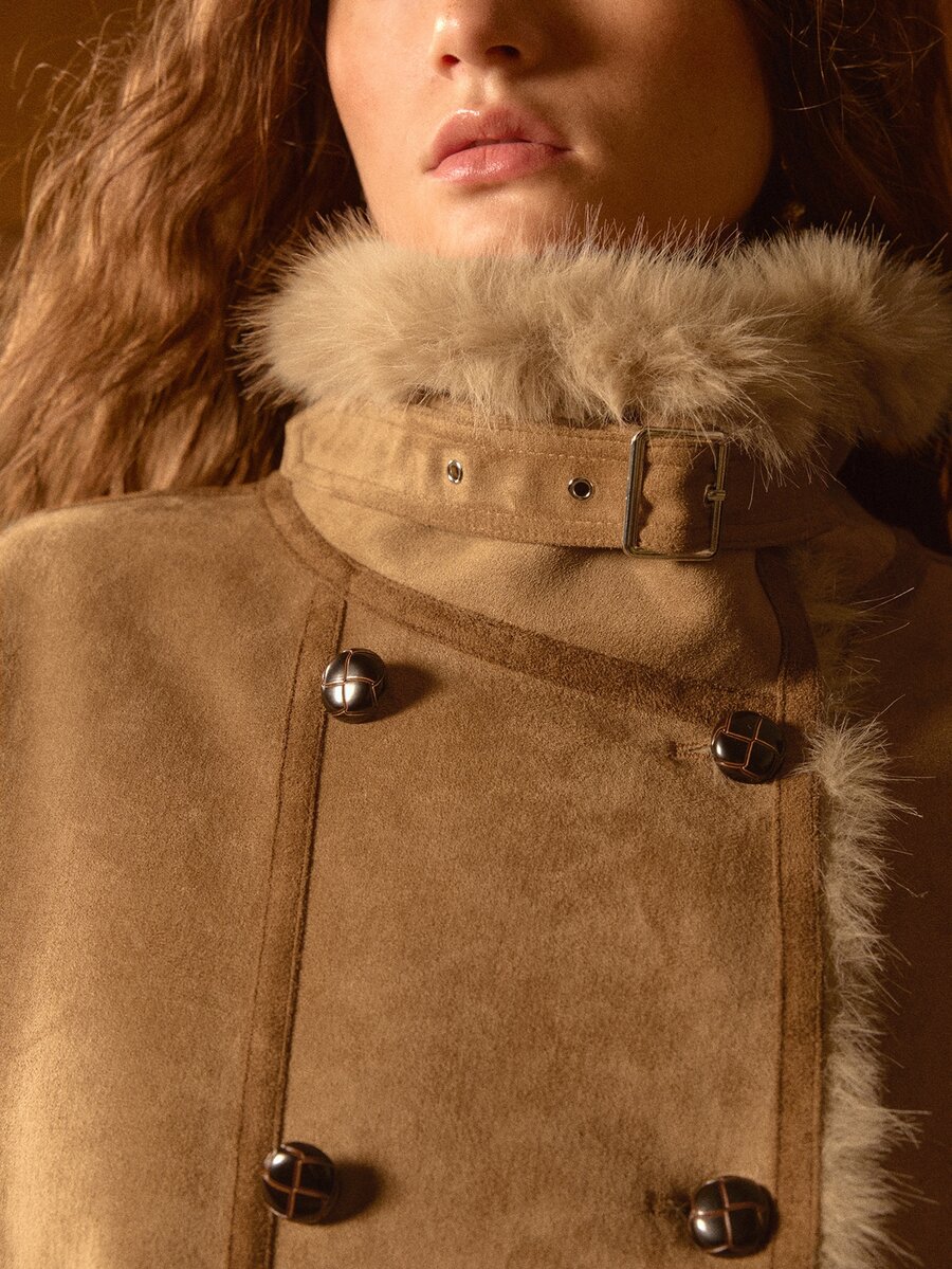 MOTF STUDIO WOMEN'S VINTAGE BUTTON POCKET LONG SLEEVE FAUX FUR COAT - Mocha Brown - View 2