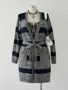 Sunspun Cardigan Panjang Kasual Serbaguna Motif Garis-Garis Blok Warna Longgar untuk Musim Gugur/Dingin - MultiWarna - View 1