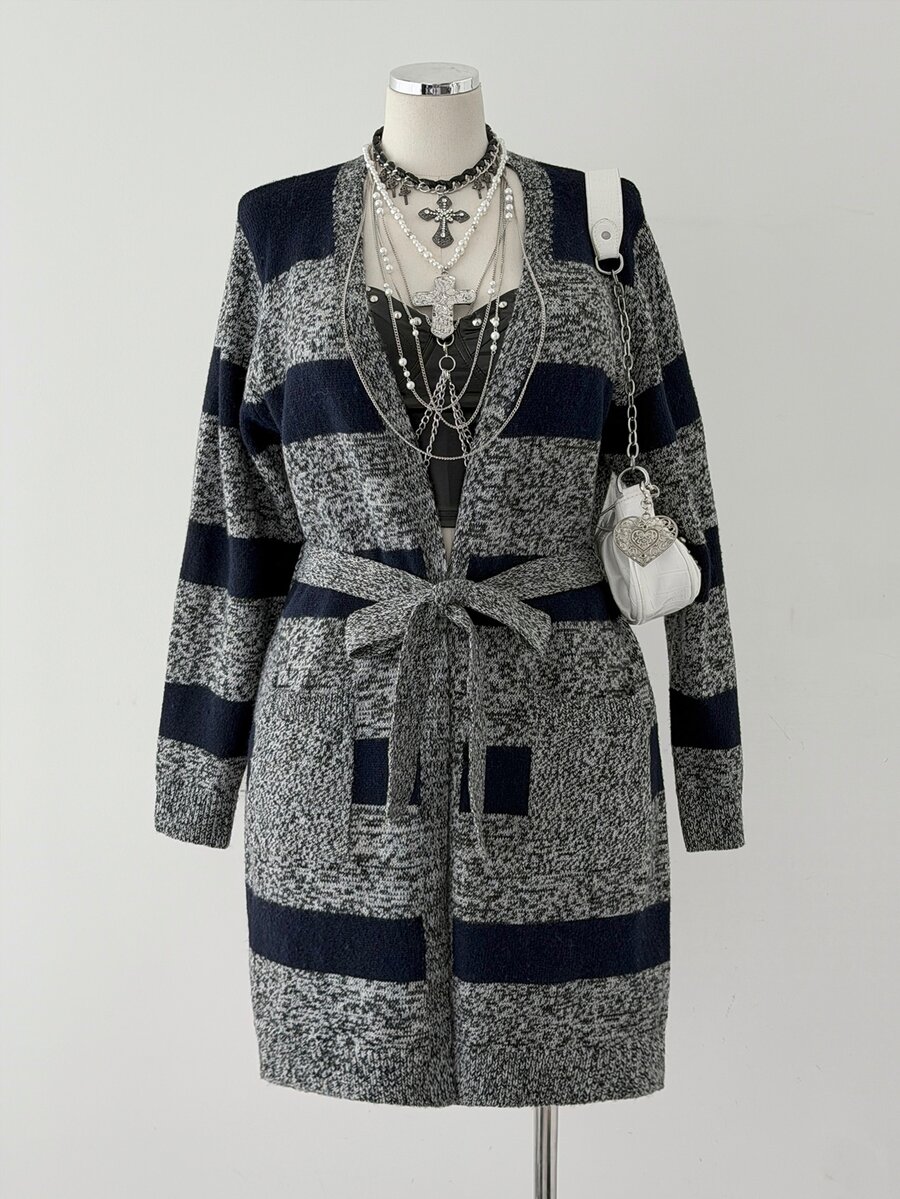 Sunspun Cardigan Panjang Kasual Serbaguna Motif Garis-Garis Blok Warna Longgar untuk Musim Gugur/Dingin - MultiWarna - View 1