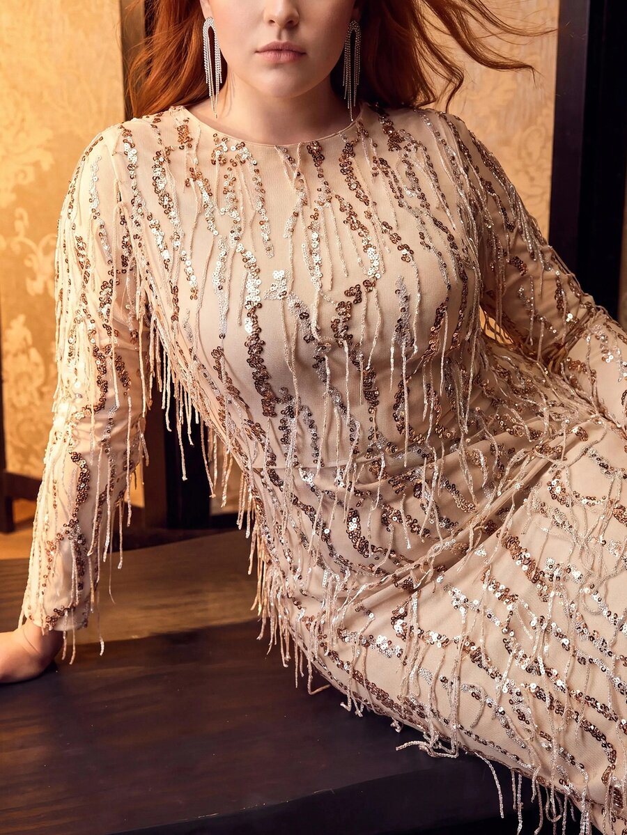 MOTF Soiréza PLUS SEQUIN FRINGED FORMAL DRESS WOMEN LONG SLEEVE HIGH SLIT EVENING PARTY GOWN - Champagne - View 1