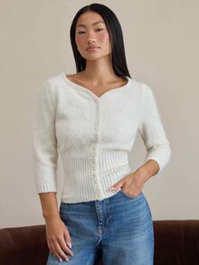 COSMINA Women's Square Neck Cardigan Sweater, 3/4 Sleeve Y2k Cream Knitwear - Cream - View 4