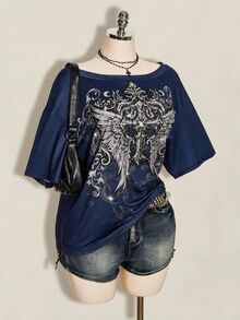 SHEIN ICON 女款大尺碼十字哥德風圖案T恤 - 藏蓝色 - 查看 9