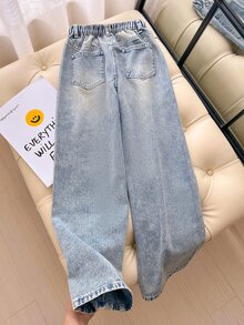SHEIN Summer Jeans Girlism Y2K Decadent Punk Style Girl's Loose Star Patchwork Colorblock Wide Leg Denim Pants, School, Streetwear Autumn Winter - Blue - View 2