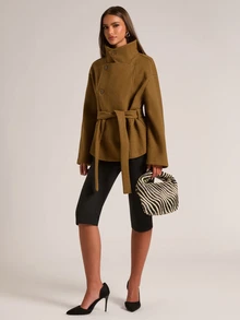 SHEIN BAE Mantel Panjang Bergaya Vintage dengan Kerah Besar dan Sabuk Elegan - Olive Green - View 3