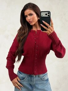Aloruh Women's Winter Y2K Red Fashion Round Neck Button Front Long Sleeve Loose Top Tight Bottom Cardigan Sweater Warm - Red - View 3