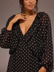 Freevana Elegant Women Chiffon Black Polka Dot Deep V-Neck Ruffle Long Balloon Sleeve Flowy Short Dress - Black - View 5