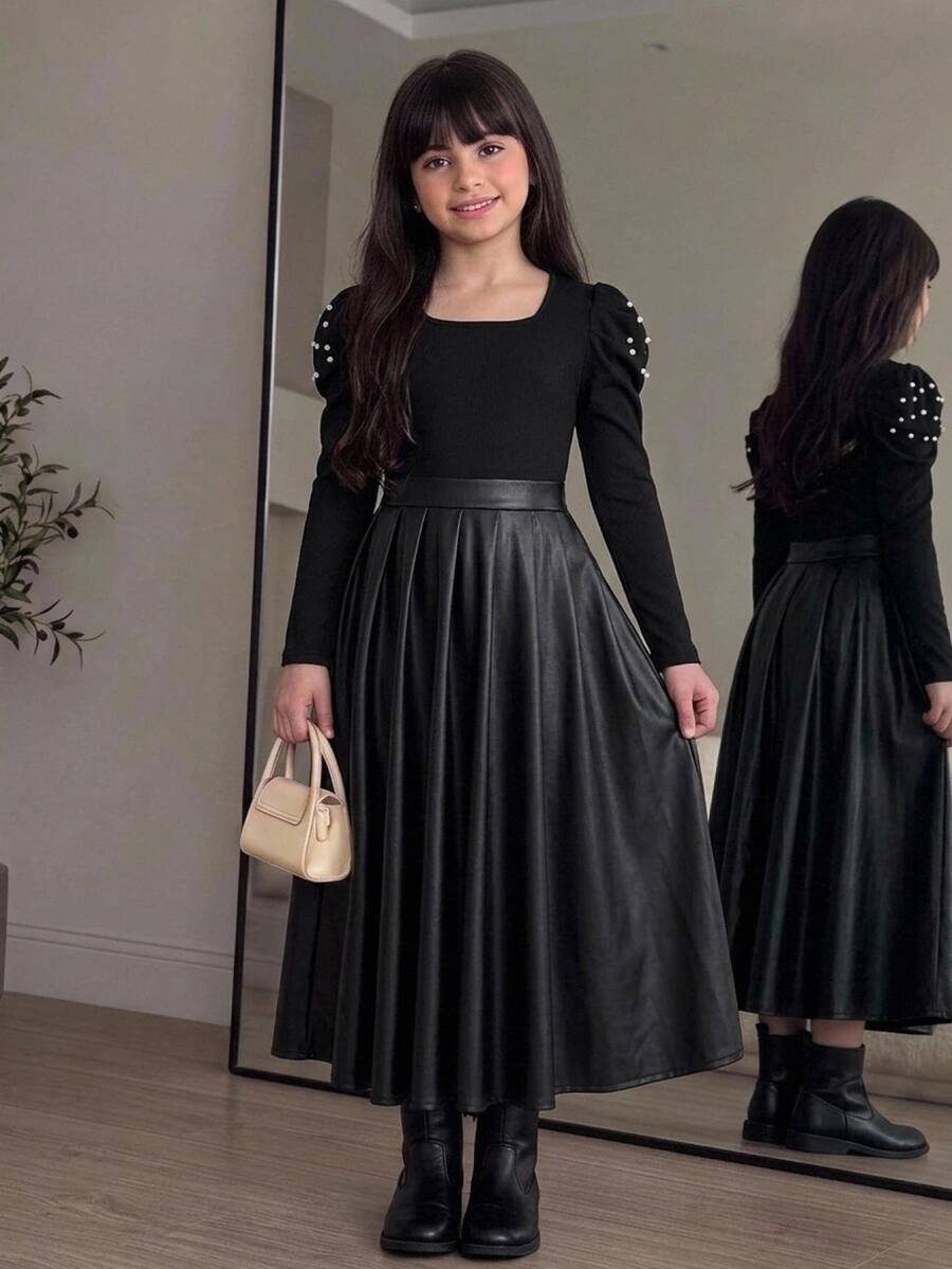 Tween女孩秋冬日常通勤優雅針織羅紋拼接PU百褶喇叭裙黑色洋裝萬聖節兒童洋裝 - 黑色 - 查看 1