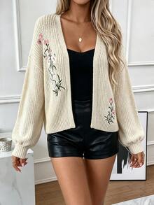 SHEIN Women's Cream Floral Embroidered Knit Cardigan, Casual Oversized Lantern Sleeve V-Neck Sweater Coat For Spring Fall - Beige - View 4