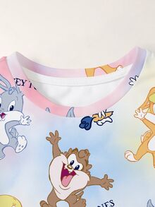LOONEY TUNES X SHEIN Baby Girl Cartoon Print Round Neck Short Sleeve Top - White - View 3