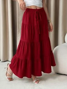 SHEIN PETITE 女款休閒度假多層蛋糕裙，百搭休閒優雅穿搭，適合四季，假日約會穿著，適用於春/夏與秋/冬 - 紅色 - 查看 6