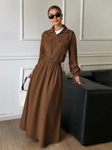 Livesso 女款 2 件套：咖啡棕圓領長袖修身收腰上衣與高腰寬鬆寬腿長褲，秋冬款 - 咖啡棕 - 查看 5