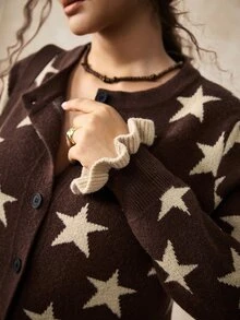 Nubod Plus Size Women's Star Pattern Casual Daily Cardigan - Brown - View 6