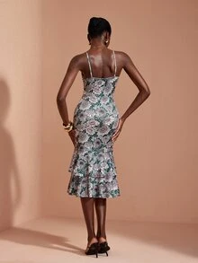 JIAN LASALA Knit Floral Print Adjustable Strap Double Ruffle Layers Ruched Midi Dress Elegant Vacation - Multicolor - View 2