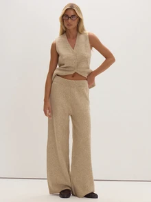 MUSEYN Beige Knit Wide Leg Trousers Cosy Versatile Everyday Casual Fall - Khaki - View 1