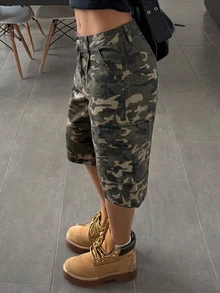 Livesso 軍綠色高腰鈕扣水洗純色口袋裝飾寬鬆A字女款牛仔短褲 - 軍綠色 - 查看 6