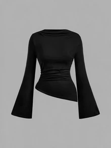 SHEIN MOD 3件組女款喇叭袖不對稱下擺T恤 - 酒紅色 - 查看 10