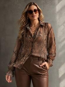 Ceyna Plus Size Lightweight Fabric Snake Print Long Sleeve Shirt - Brown - View 7