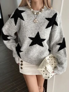 DAZY 深灰色圓領星星提花圖案寬鬆落肩長袖休閒街頭風百搭針織毛衣，適合秋冬日常與夜晚外出 - 灰色 - 查看 9