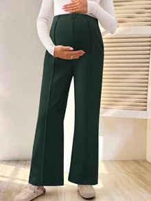 SHEIN 孕婦純色休閒百搭日常穿著長褲 - 墨綠色 - 查看 3
